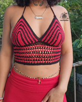 Corsets back adjustable straps red and black crochet top Hand-crocheted— 100% cotton, 40 hours of artisan craftsmanship New York.