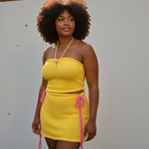Yellow cece knitt two-piece sets 40 + hours of artisan craftsmanship made in New York.