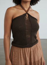 Ribbon halter Asymmetrical knitt top ripped up top .Hours of artisan craftsmanship made in New York.