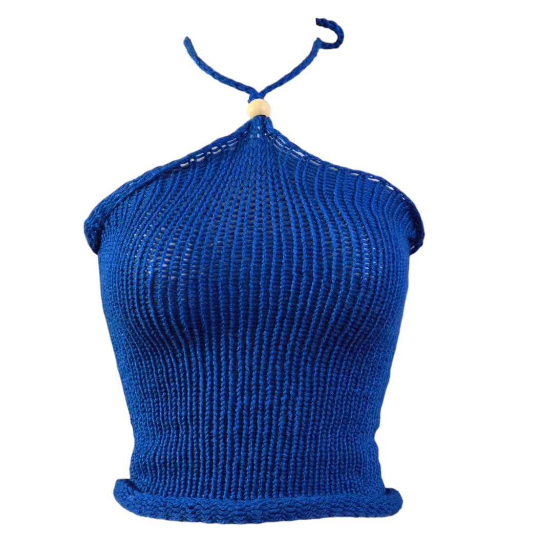Blue hand knitt summer top.  slightly sheer top