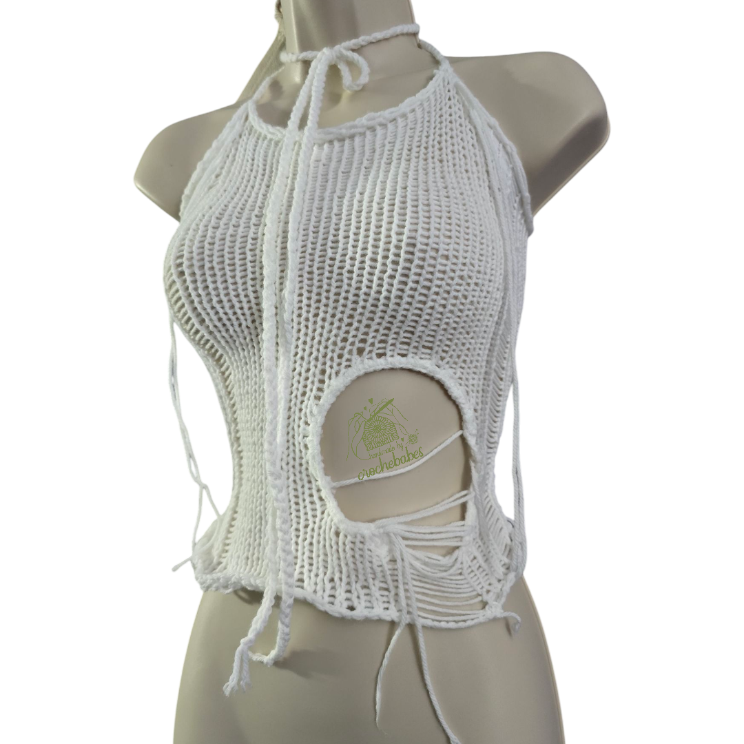 Tricot en maille asymétrique fait main en dentelle vieillie
