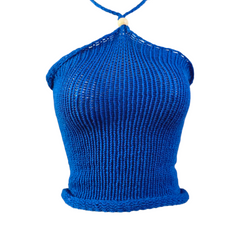 Blue hand knitt summer top.  slightly sheer top