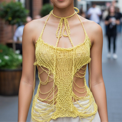 Super X Distressed Handmade Knit mesh Asymmetrical  knitt top one of a kind