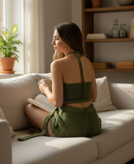 Crochet shorts and halter knitt top festival summer outfits 72 hours of artisan craftsmanship made in  New York.