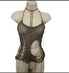 Tricot en maille asymétrique fait main en dentelle vieillie