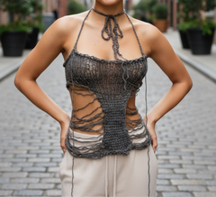 Super X Distressed Handmade Knit mesh Asymmetrical  knitt top one of a kind