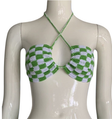 Green checkered crochet bikini top