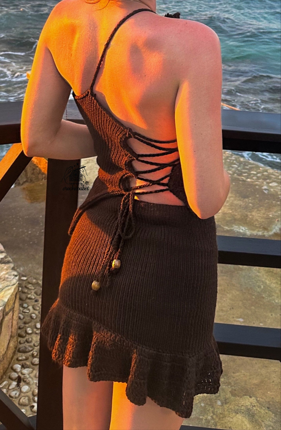 Two-piece set Asymmetrical 1 hand knitt rose top