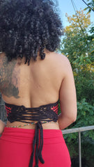 Corsets back adjustable straps red and black crochet top Hand-crocheted— 100% cotton, 40 hours of artisan craftsmanship New York.