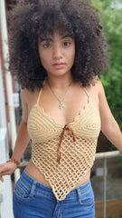 Khaki heart top with corsets back adjustable top, with removable Fabric Ribbon.Hand-crocheted— 100% cotton, 40 hours of artisan craftsmanship