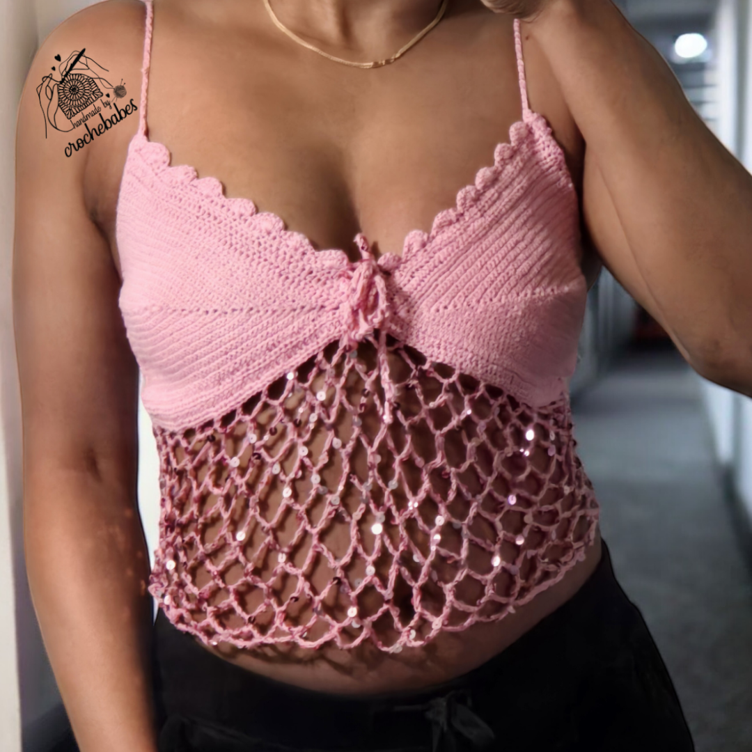Haut en dentelle à paillettes au crochet rose avec corset au dos et haut en maille réglable