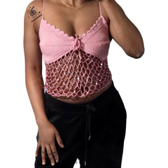 Haut en dentelle à paillettes au crochet rose avec corset au dos et haut en maille réglable