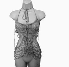 Haut en maille asymétrique en maille tricotée à la main Super X Distressed, unique en son genre