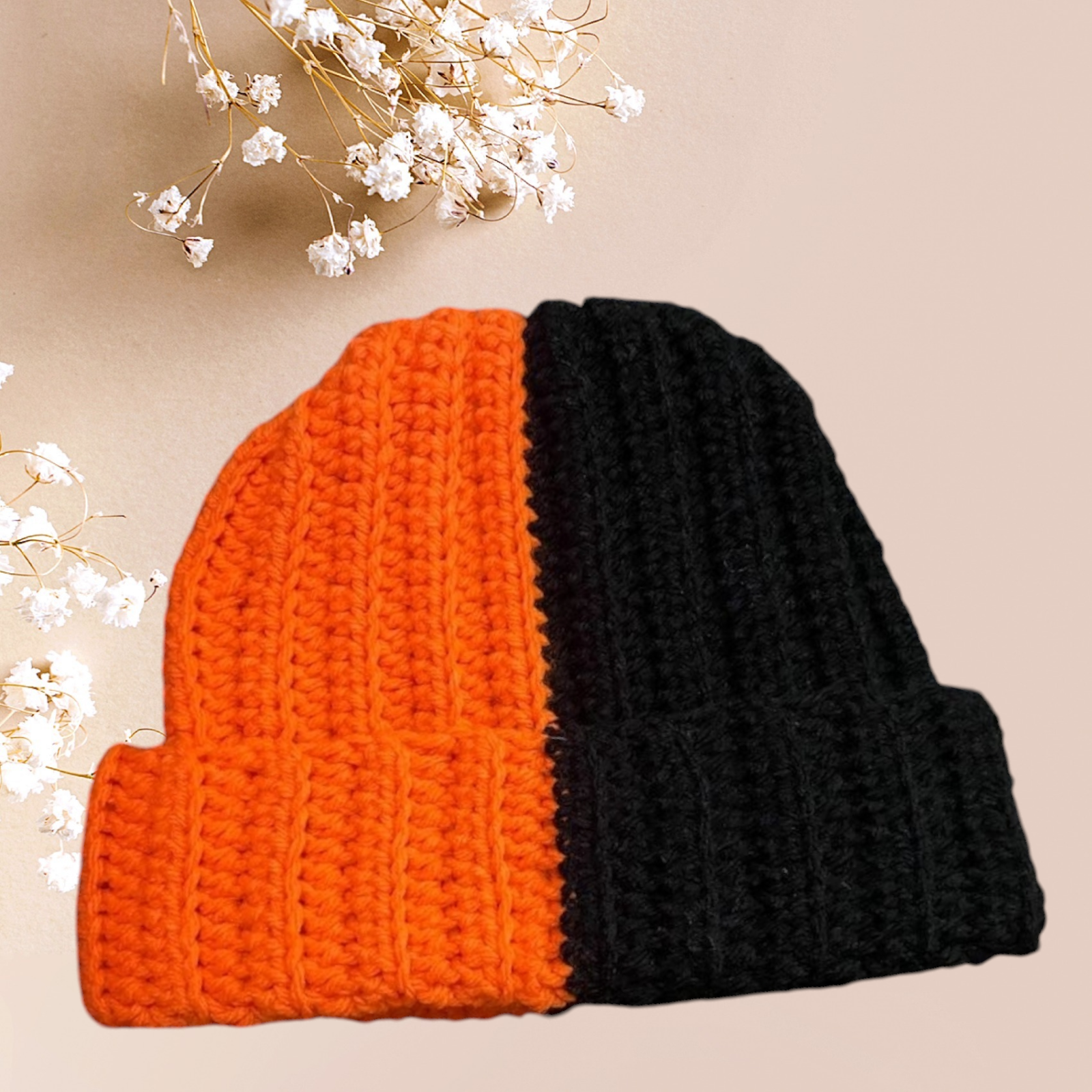 Orange and black Crochet Ribbed Beanie, Unisex Mulit-Color Ribbed Beanie