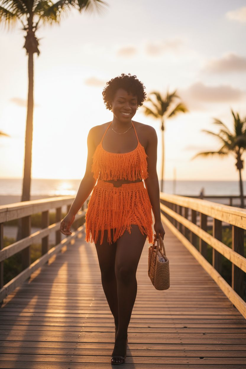 Fringes crochet top and skirts beach vacations wear