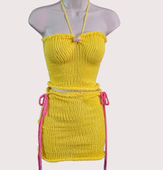 Yellow cece knit two-piece sets 40 + hours of artisan craftsmanship made in New York.