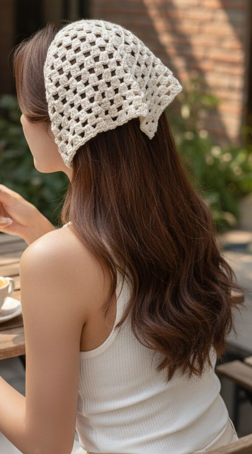 Bhoho hippie Granny square triangle head scarf with ties. Handmade colorful cotton hair kerchief. Retro rainbow bandana headband.