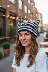 Black and white  Crochet Hat (Steamed Cat-ear Shaped Bread) Casual Stripe Hat