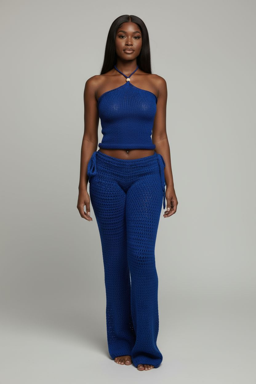 Blue Two-Piece Set Crochet Long Pants And Knit Halter Top
