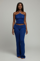 Blue Two-Piece Set Crochet Long Pants And Knit Halter Top