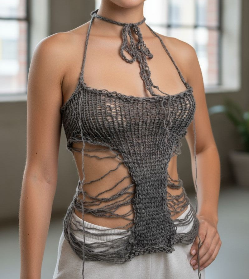 Super X Distressed Handmade Knit mesh Asymmetrical  knitt top one of a kind