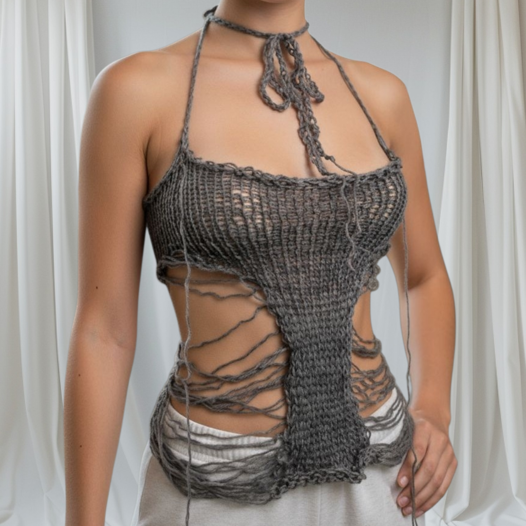 Super X Distressed Handmade Knit mesh Asymmetrical  knitt top one of a kind