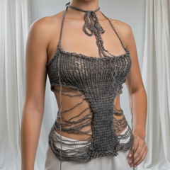 Super X Distressed Handmade Knit mesh Asymmetrical  knitt top one of a kind