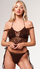 Handmade 3 pieces Cocoa crochet bikini sets and  coverup mesh top with sequins detail slow-fashion swimwearHand-crocheted— 100% cotton, 40 hours of artisan craftsmanship New York.