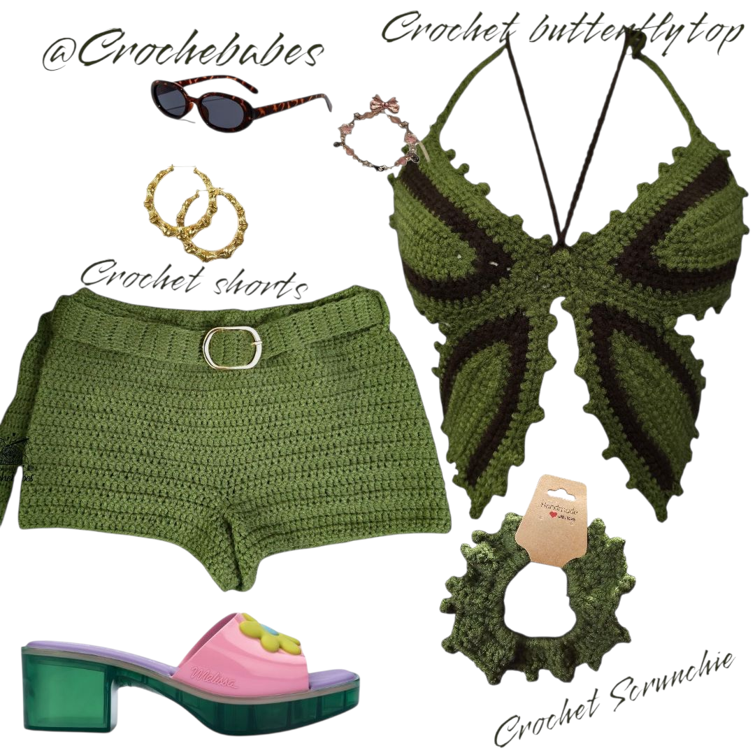 Buttery sets Crochet Two-Piece Set (Top & Shorts) with Scrunchie