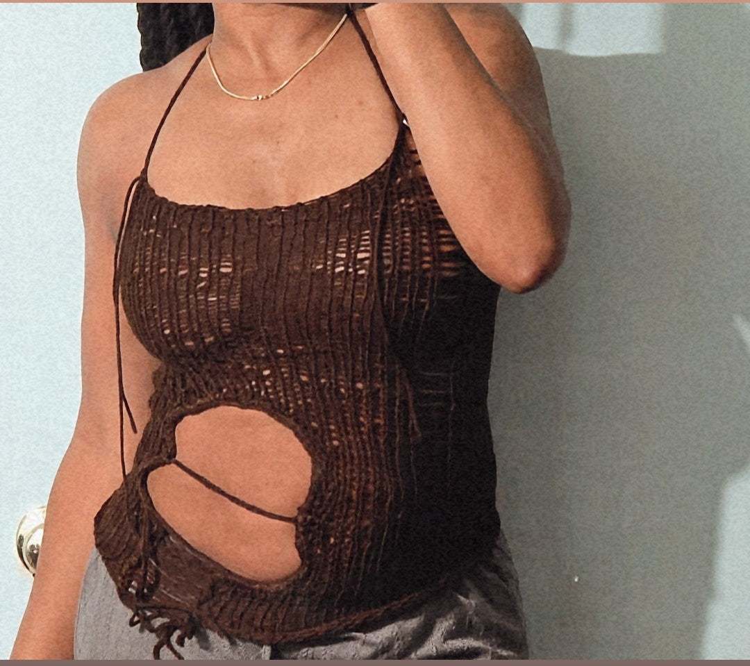 Tricot en maille asymétrique fait main en dentelle vieillie