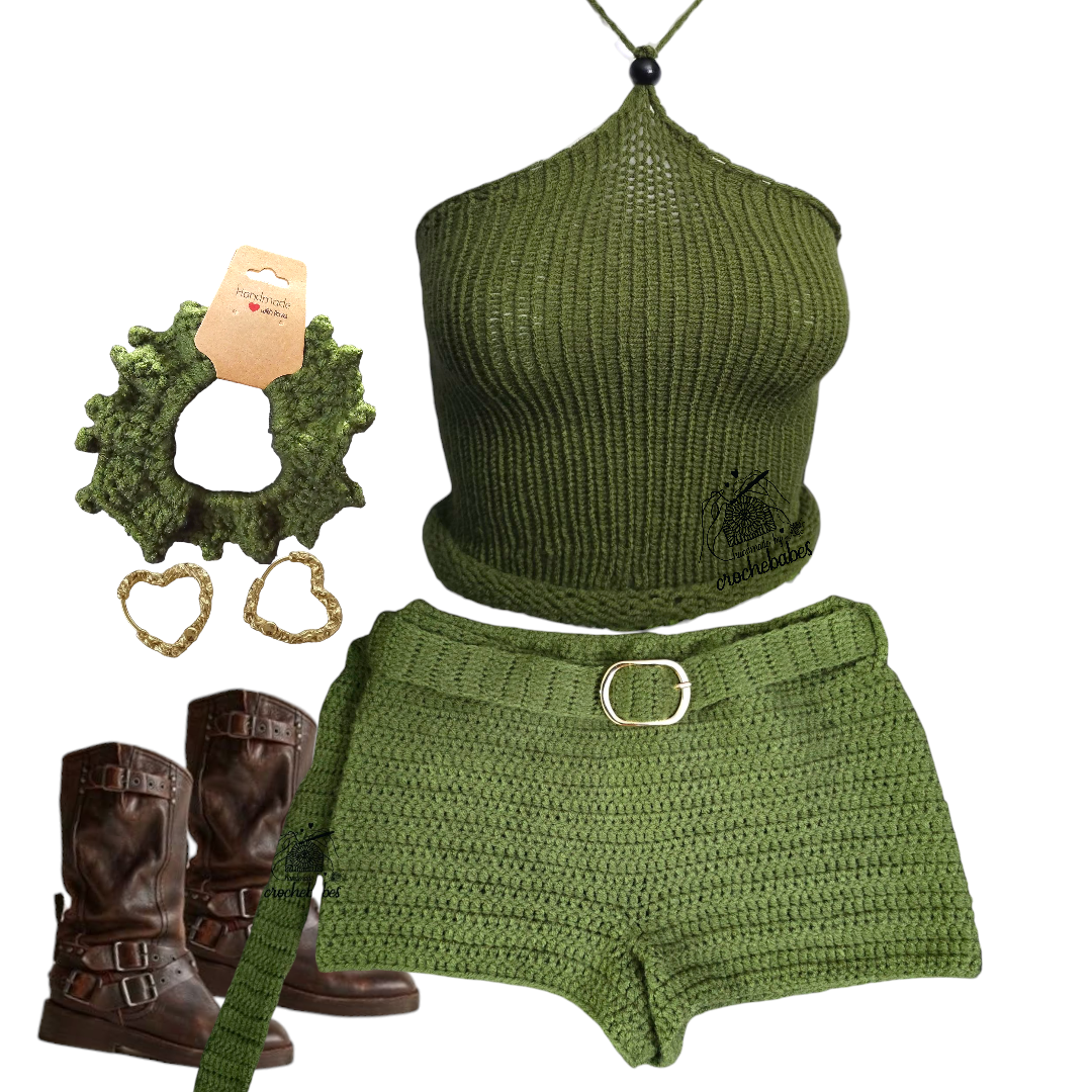 Crochet shorts and halter knitt top festival summer outfits 72 hours of artisan craftsmanship made in  New York.