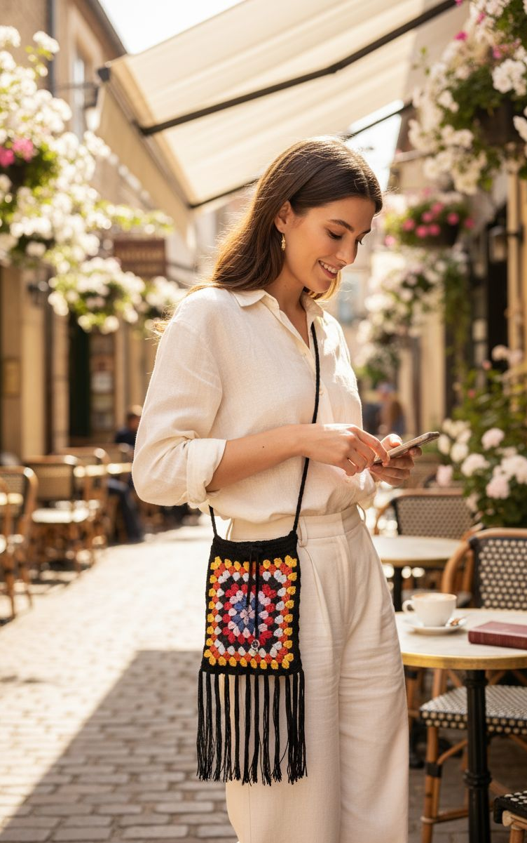Sac à main multicolore en crochet pour femme, joli sac vintage, sac de plage. Sac bandoulière vintage.