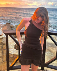 Two-piece set Asymmetrical 1 hand knitt rose top