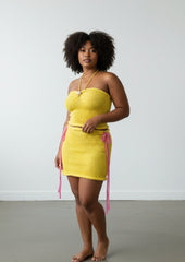 Yellow cece knit two-piece sets 40 + hours of artisan craftsmanship made in New York.