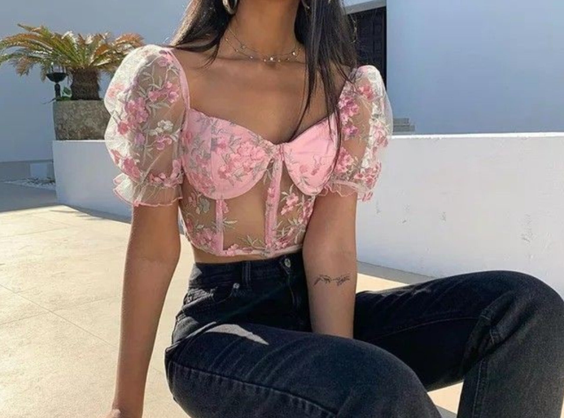 Haut corset à broderie florale