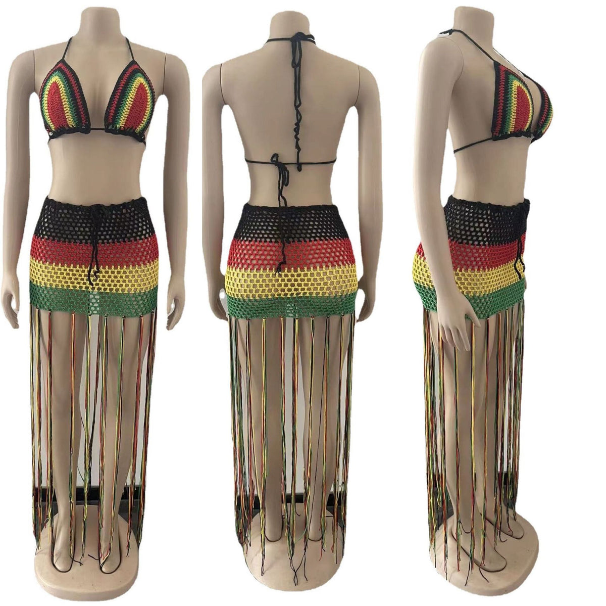 Haut de bikini et jupe à franges en crochet Rasta deux pièces, haut dos nu à franges bohème, haut court en crochet, haut pour femme avec franges, bralette pour femme