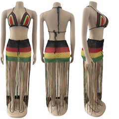 Haut de bikini et jupe à franges en crochet Rasta deux pièces, haut dos nu à franges bohème, haut court en crochet, haut pour femme avec franges, bralette pour femme