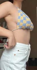 Yellow and B blue checkered crochet bikini top