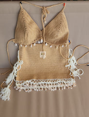 Haut de bikini deux pièces à franges au crochet et jupe Boho Fringe Halter Top, Crop Top au crochet, Top femme à franges, Bralette femme