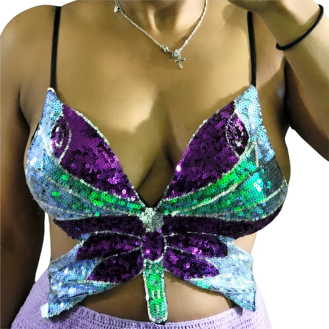 Haut à paillettes papillon Y2K, haut d'été violet, haut de festival, bralette à paillettes sexy