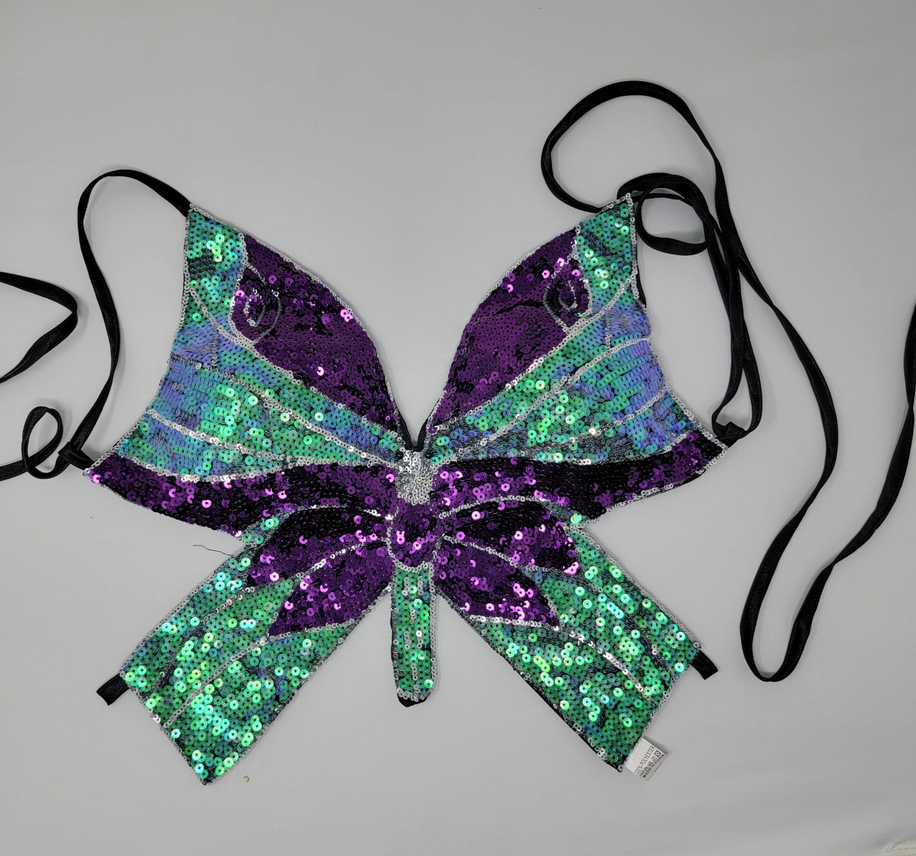 Haut à paillettes papillon Y2K, haut d'été violet, haut de festival, bralette à paillettes sexy