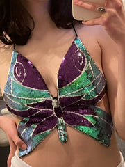 Haut à paillettes papillon Y2K, haut d'été violet, haut de festival, bralette à paillettes sexy
